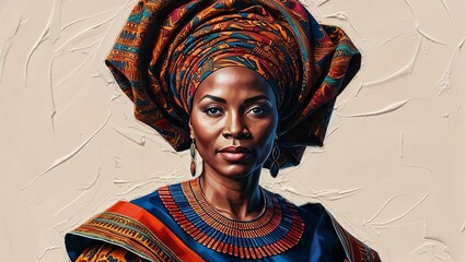 Artistic portrait of a Black woman in vibrant traditional attire and headwrap, celebrating Black heritage, copy space