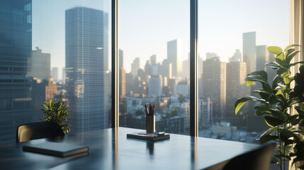 Modern Office with City View: Sunrise, Desk, Plants
