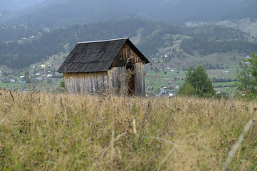 Barn on a meadow among forest grasses in the mountains.