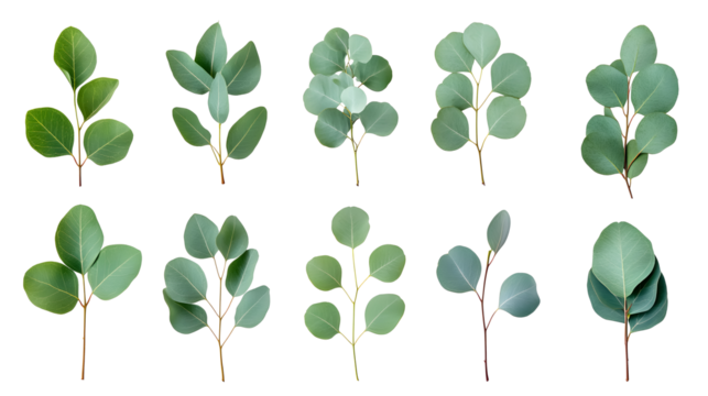 Set of green eucalyptus leaves isolated on a white background