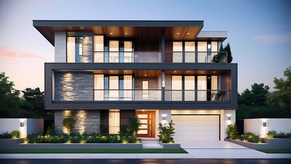 Fototapeta premium Modern Three-Story House with Sleek Architecture and Stylish Lighting