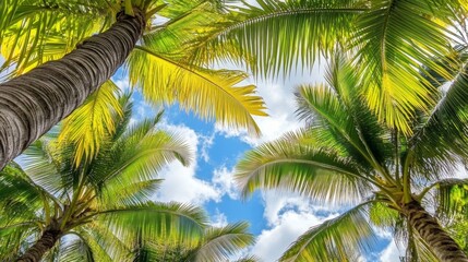 Fototapeta premium Upward view of towering palm trees against a clear blue sky.