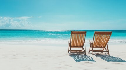 Obraz premium Two chairs face the ocean on a sandy beach under a clear blue sky.