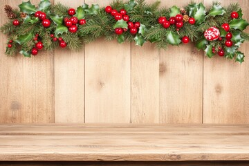 Christmas garland with holly leaves and red berries on a wooden table.