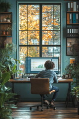 Fototapeta premium A young man sits at his desk working on his computer in a home office with a large window overlooking a tree line. He's focused on his work, but there's a sense of calm and peace in the room. 