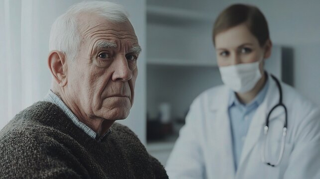 Senior Man Waiting for Vaccination with Concerned Expression in a Medical Setting, Healthcare Worker in Background Wearing Mask and Coat - Powered by Adobe