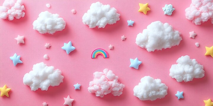 Pastel pink background with white cotton clouds, stars, and a rainbow.