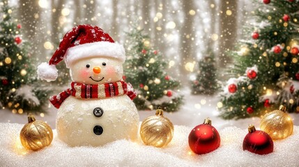 Fototapeta premium Snowman adorned with a cozy hat and scarf stands in a pristine snowy landscape.