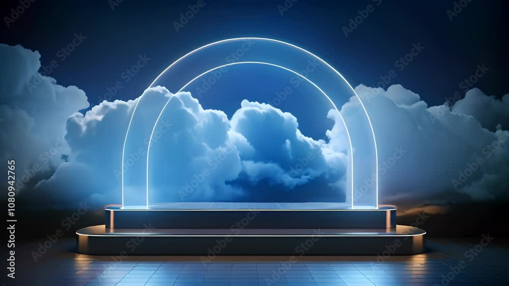 Poster neon arch in dark blue lights room with clouds. abstract background for party stage or product displ