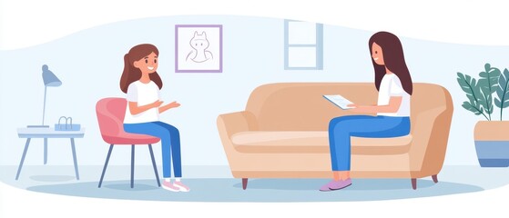 Compassionate child therapist sitting with a child on a couch, offering emotional support, warm room with calming colors, gentle interaction, therapy setting