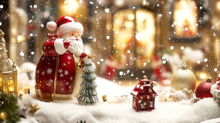 Obraz premium Santa Claus figurine beside a Christmas tree, nestled in fresh snow.