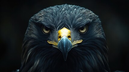Fototapeta premium A close-up portrait of a hawk's face, its piercing gaze and sharp beak are accentuated against a dark background.