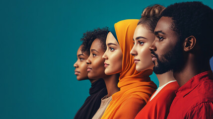 Studio shot of diverse group of people standing together and looking towards the future on a turquoise background