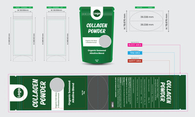 Collagen powder pouch design template, pouch packaging mockup, 100% pure , food and product branding design