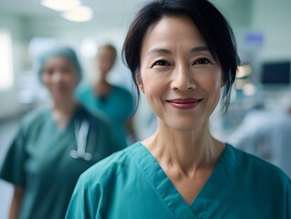 Fototapeta premium Confident Female Healthcare Professional in Scrubs Smiles at Camera in Busy Hospital Environment, Radiating Compassion and Dedication to Patient Care