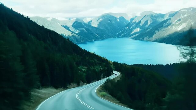 road lush forests Lake scenic captured 4K resolution aerial view dense forest greenery travel tour tourism nature trip graphy driving avocation