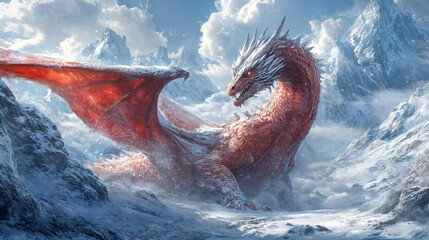 Ai generated illustration with a majestic red dragon standing with its wing open on a rough snowy mountain terrain 
