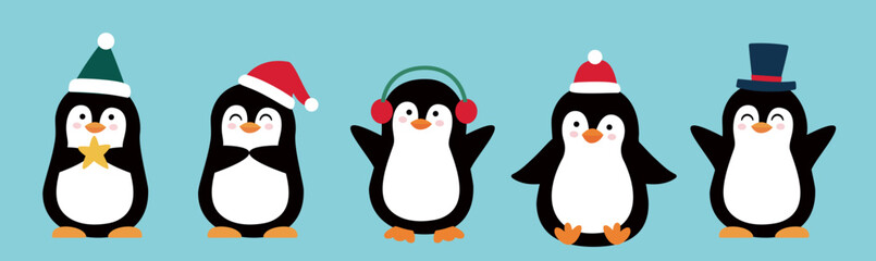 Set of cute Christmas penguins vector illustration.
flat style christmas penguin svg.
