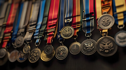 The prestigious array of military medals, each a testament to bravery and service in Americas armed forces 3D render, high resolution, clean sharp focus
