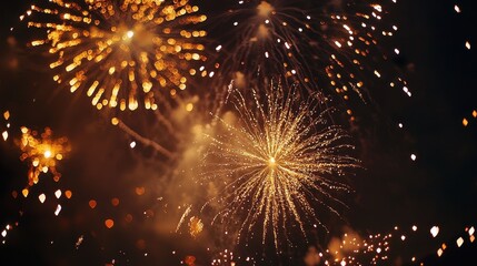 Obraz premium Happy New Year celebration text with festive gold fireworks in the night sky.