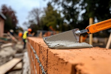 Trowel with wet mortar on brick wall at construction site. Close-up of masonry work in progress