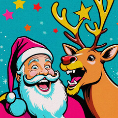 Obraz premium Santa Claus with his reindeer laughing merrily. Background bold colors, thick outlines, and a comic book aesthetic.