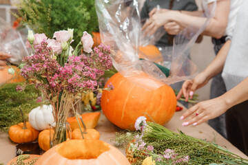Creating a floral composition in a pumpkin. Making decor with your own hands.