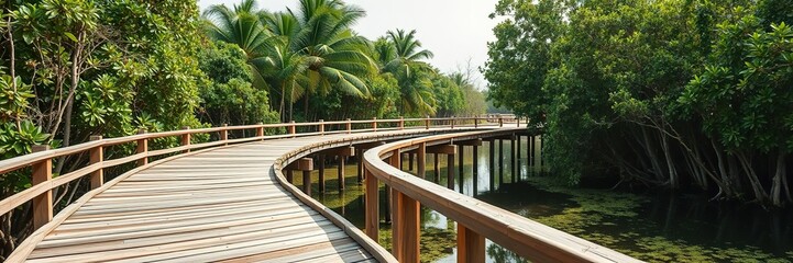 Fototapeta premium A wooden bridge winding through a lush mangrove forest being restored, habitat, carbon sequestration, green