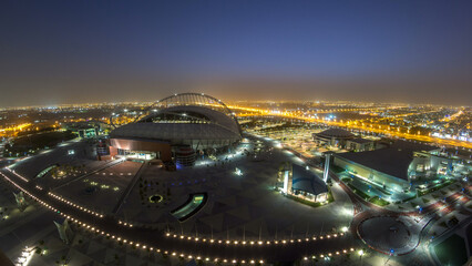 Aerial view of Aspire Zone stadium from top night to day timelapse in Doha © HyperlapsePro