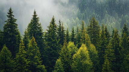 Healthy green trees in a forest with old spruce, fir, and pine for natural beauty.