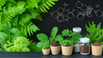Fototapeta premium Botanical Chemistry: A close-up photograph of various herbs and plants arranged in a row, with a blackboard background featuring scientific molecular structures drawn in white chalk.