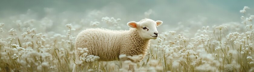 Fototapeta premium Playful lamb grazing in meadow nature photography serene environment close-up view animal concept