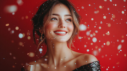 Joyful Woman in Holiday Dress Celebrating with Confetti festive occasion