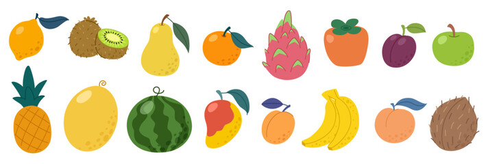 Set of cartoon summer fruits. Exotic tropical and common fruits. Healthy food and nutrition. Fruits isolated on white background. Citrus, dragon fruit, coconut and other fruits.