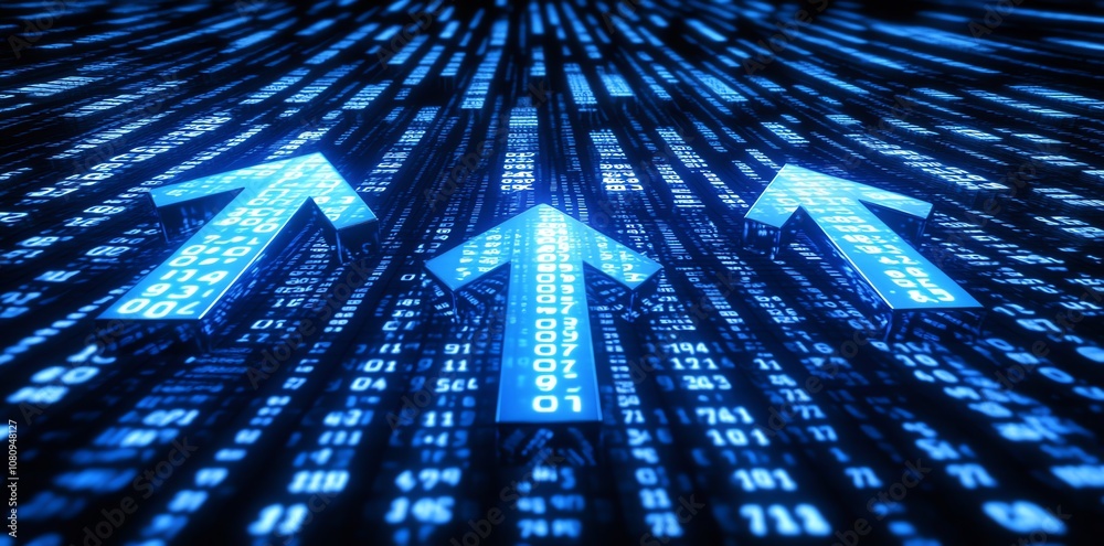 Poster three blue arrows pointing upward on a background of blue and black digital code.