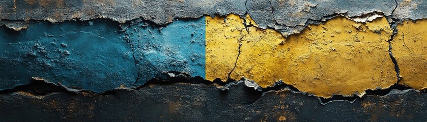 Obraz premium Cracked wall art featuring blue and yellow colors urban setting abstract design close-up view for creative projects