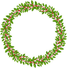 Christmas and New Years wreath. Festive decor with branches of mistletoe, holly, ilex, spruce, pine. Isolated , png