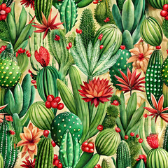 Obraz premium Hand-Drawn Cactus and Succulent Seamless Pattern with Vibrant Colors. Perfect for: Nature festivals, botanical gardens