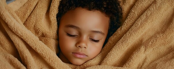 A peaceful child sleeps wrapped in a soft, brown blanket, exuding tranquility and warmth.