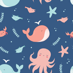 Cute Sea Creatures Seamless Vector Pattern