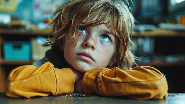 A young boy with tousled hair and freckles sits at a desk, looking thoughtfully upwards. The warm atmosphere of the classroom reflects his contemplative mood.