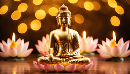 Thai golden Buddha statue and lotus flower. heaven background