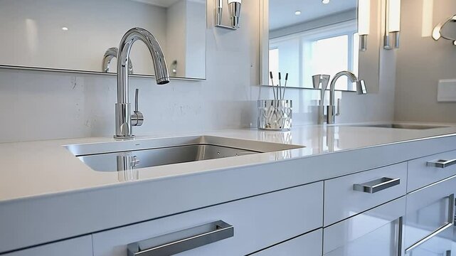 Modern bathroom vanity with chrome faucets and white cabinets showing elegance and luxury
