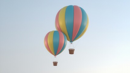 Obraz premium Two colorful hot air balloons float against a clear sky, showcasing vibrant stripes of pastel colors.