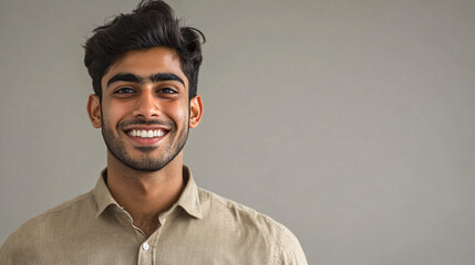 Cheerful young indian man smiling and exuding positivity in a portrait on a gray background