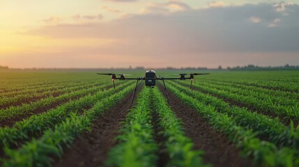 Drone flying over lush green crops at sunset.