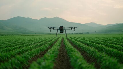 Drone flying over vast green farmland landscape.