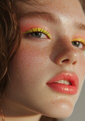 Fototapeta premium A woman with yellow eyeshadow and a pink lip color