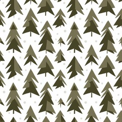 Fototapeta premium Modern geometric seamless pattern of stylized forest pine trees in muted earthy green and white, perfect for cozy winter holiday textile design.