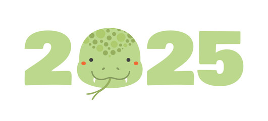 2025 New Year typography with cute snake face illustration. Hand drawn cartoon vector illustration, isolated on white. Lunar New Year kawaii holiday card, banner design element
